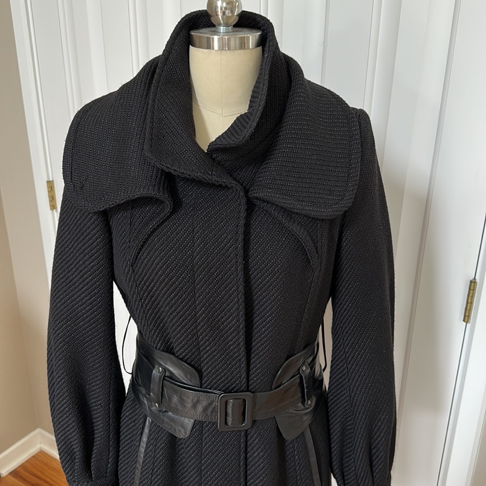 Mackage Bell sleeve textured wool blend coat leather trim/ belt. Size Large - Picture 2 of 15